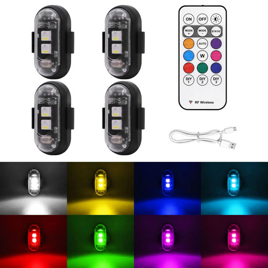 Picture of 4PCS Wireless LED Strobe Lights with Remote Control, 8 Colors USB Charing Waterproof Anti-Collision Led Emergency Warning Lights for Car Motorcycle Drone Aircraft Bike