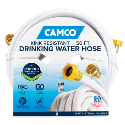 Picture of Camco TastePURE 50-Ft Water Hose - RV Drinking Water Hose Contains No Lead, No BPA & No Phthalate - Features Diamond-Hatch Reinforced PVC Design - 5/8” Inside Diameter, Made in the USA (22793)