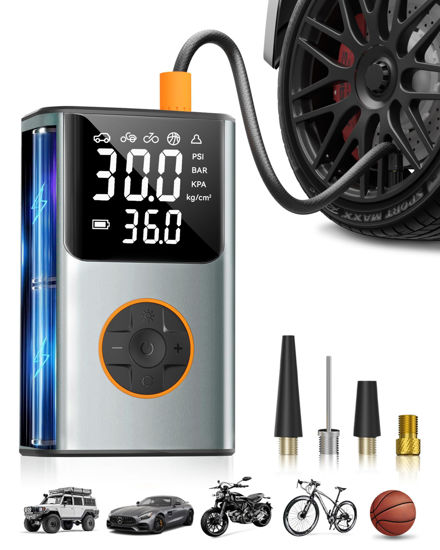 Picture of Tire Inflator Portable Air Compressor, Bike Pump, 150PSI Air Pump for Car Tires with LCD Dual Screen and Digital Tire Pressure Gauge, Air Compressor for Bicycle, Motorcycle, Compact Car, Ball