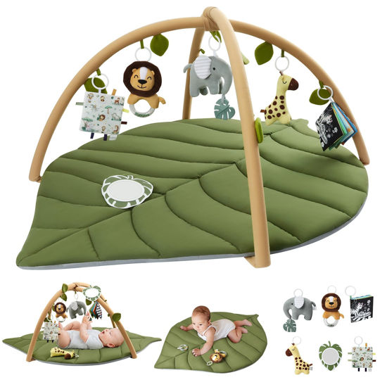 Picture of Blissful Diary Baby Play Gym & Activity Mat, Oversize Leaf Shaped Baby Play Mat w 6 Detachable Toys, Tummy Time Mat Promote Motor Skills & Sensory Development Mat, Newborn Infant Baby Essentials Gift