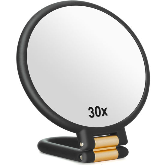 Picture of Sifolo 30x Magnifying Mirror, Travel Hand Mirrors with Handle - Double Side Handheld Mirror with 1X 30X Magnification & Adjustable Handle/Stand, Hand Held Foldable Travel Mirror for Makeup(Black)