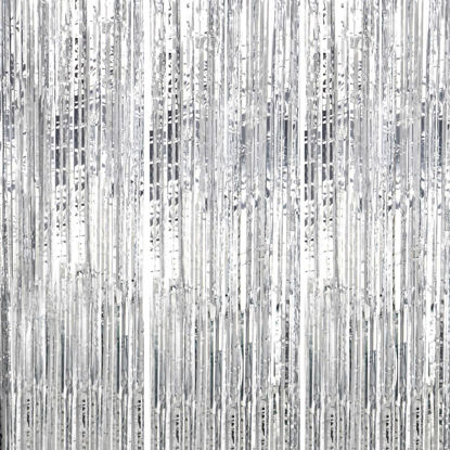 Picture of DECOCKRAT 3 Pack Foil Fringe Backdrop - Silver Shiny Tinsel Curtains for Party Decoration/Photo Booth Props - 3.3x8.2 FT Metallic Foil Backdrop for Birthday, Wedding, Graduation, Christmas.