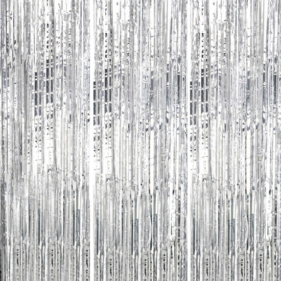 Picture of DECOCKRAT 3 Pack Foil Fringe Backdrop - Silver Shiny Tinsel Curtains for Party Decoration/Photo Booth Props - 3.3x8.2 FT Metallic Foil Backdrop for Birthday, Wedding, Graduation, Christmas.