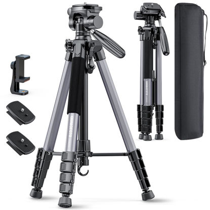 Picture of CAMBOFOTO 74"-Camera-Tripod, Gray Professional Aluminum Tripod Stand for Mirrorless Camera/DSLR/Cell Phone/Camcorder/GoPro, with Phone Holder and Travel Bag (Gunmetal Gray)