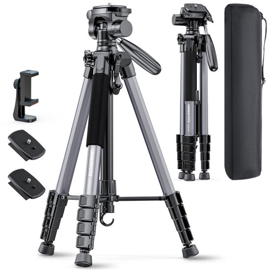 Picture of CAMBOFOTO 74"-Camera-Tripod, Gray Professional Aluminum Tripod Stand for Mirrorless Camera/DSLR/Cell Phone/Camcorder/GoPro, with Phone Holder and Travel Bag (Gunmetal Gray)
