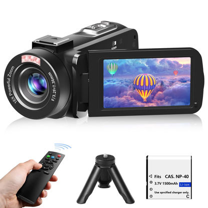 Picture of Video Camera, Full HD 1080P 30MP Camcorder, Vlogging Camera for YouTube with Infrared Night Vision, 18X Digital Zoom 3.0“ LCD Screen Digital Camera, Video Recorder with Remote Control and Battery