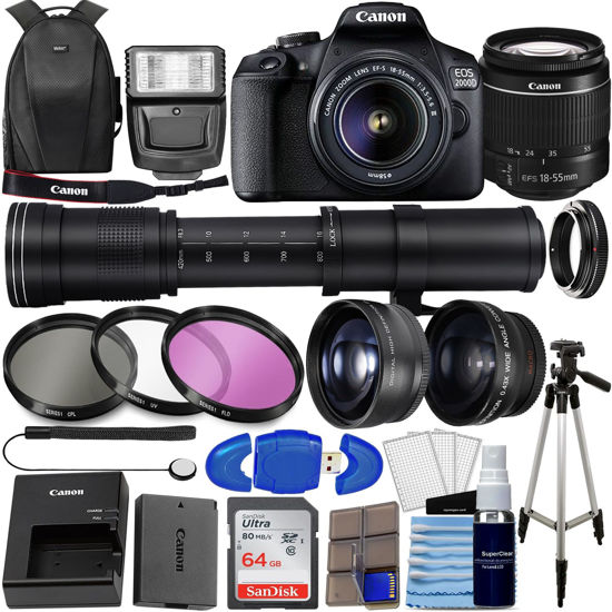 Picture of Canon EOS 2000D DSLR (Rebel T7) w/ 18-55mm Lens + 64GB Memory, 420-800mm Zoom Lens, 4 Lens Kit, Filter Kit, Backpack, Tripod + More (34PC Bundle) (Renewed)