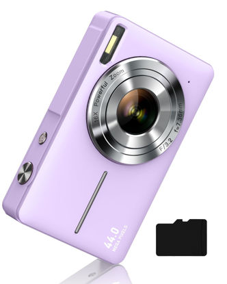 Picture of Digital Camera FHD 1080P, Camkory Kids Camera 44MP Point and Shoot Digital Cameras with 32GB Card, 16X Zoom, Two Batteries, Lanyard, Compact Small Camera Gift for Kids Boys Girls Students, Purple