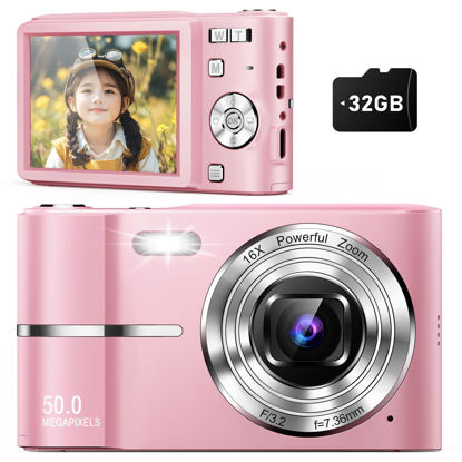 Picture of Upgrade Digital Camera, 50MP Full High Definition 1080P Camera with 16x Zoom Anti Shake, Compact Camera for Kid Student Children Teen Girl Boy, Kids Camera with 32GB SD Card,2 Batteries-Pink