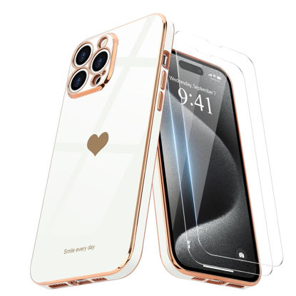 Picture of Teageo for iPhone 15 Pro Case with Screen Protector [2 Pack] Girl Women Cute Girly Love-Heart Luxury Gold Soft Cover Camera Protection Bumper Silicone Shockproof Phone Case for iPhone 15 Pro, White
