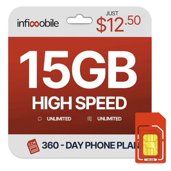 Picture of $12.50/Month | Infimobile Prepaid Unlimited Plan: 12 Months | 15GB High-Speed Data Per Month | Unlimited Data Talk & Text | Prepaid Plan Service SIM Card | Nationwide Coverage | 4G, 5G Network