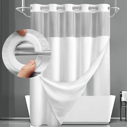 Picture of YellyHommy No Hook Shower Curtain with Snap in Fabric Liner Set Less Time White Waffle Shower Curtain for Bathroom 75" L x 72" W