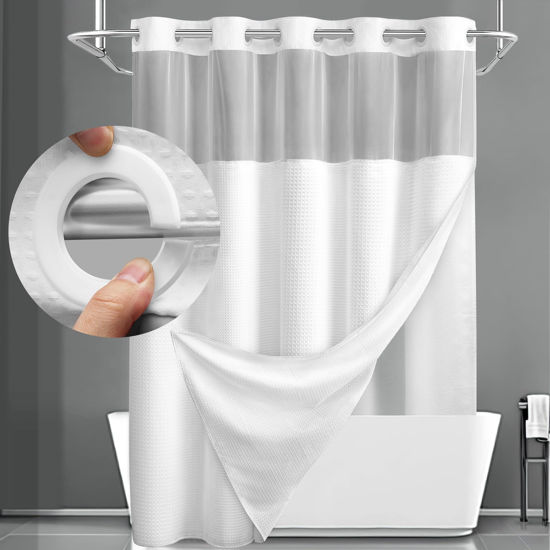 Picture of YellyHommy No Hook Shower Curtain with Snap in Fabric Liner Set Less Time White Waffle Shower Curtain for Bathroom 75" L x 72" W