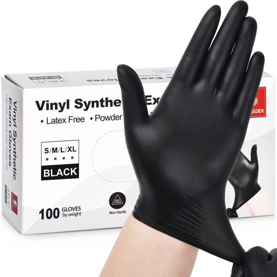 Picture of Schneider Black Vinyl Exam Gloves, 4mil, Disposable Latex-Free, Plastic Gloves for Medical, Cooking, Cleaning, and Food Prep, Sizes Medium
