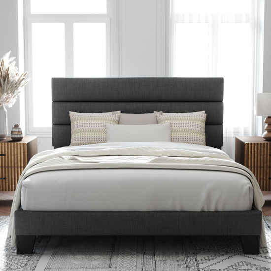 Picture of Allewie Queen Size Platform Bed Frame with Fabric Upholstered Headboard and Wooden Slats Support, Fully Upholstered Mattress Foundation/No Box Spring Needed/Easy Assembly, Dark Grey