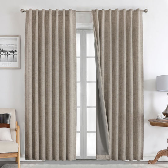 Picture of Joydeco Natural Linen Curtains 84 inch Length 2 Panels Set Burg 100% Blackout Long Drapes for Bedroom Living Room Blackout Darkening Curtain Thermal Insulated Back tab Rod Pocket(52x84 inch,Linen)