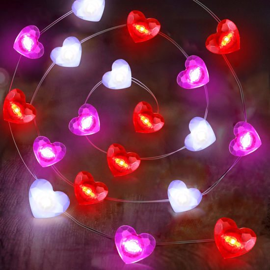 Picture of Valentines Day Decor 10FT 30 LED Valentine's Day Lights with Timer, Red Pink White Heart Lights String Battery Operated, 8 Modes Valentines Decorations Heart Fairy Lights Romantic Decor Home Bedroom