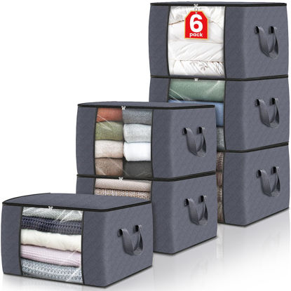 Picture of Fab totes 6 Pack Clothes Storage, Foldable Thick Fabric Blanket Storage Bags, Storage Containers for Organizing Bedroom, Closet, Clothing, Comforter, Organization and Storage with Handle,Grey