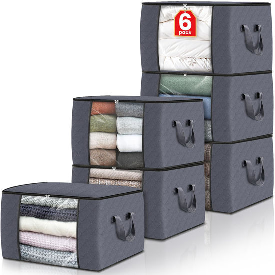 Picture of Fab totes 6 Pack Clothes Storage, Foldable Thick Fabric Blanket Storage Bags, Storage Containers for Organizing Bedroom, Closet, Clothing, Comforter, Organization and Storage with Handle,Grey