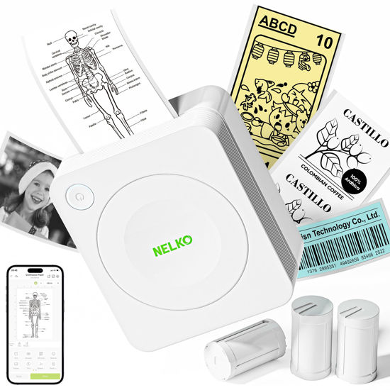 Picture of Nelko Sticker Printer, PM230 Print Pod Mini Printer Bluetooth Portabel Sticker Maker with 3 Rolls Paper, Print Pods Mini Printer with Multiple Templates for Phone & Tablet, White