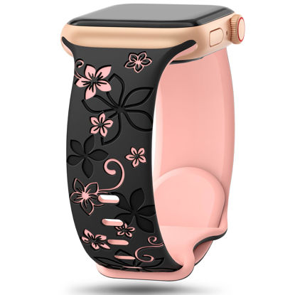 Picture of Floral Engraved Bands Compatible with Apple Watch Band 41mm 40mm 44mm 45mm 42mm 38mm 49mm 46mm for Women,Cute Flower iWatch Bands Soft Silicone Sport Strap for iWatch Series SE 10 9 8 7 6 5 4 3 Ultra