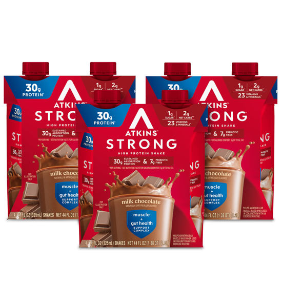 Picture of Atkins Strong High Protein Shake, Milk Chocolate, 30g Protein, 7g Prebiotic Fiber, Muscle & Gut Health Support Complex, 12 Count