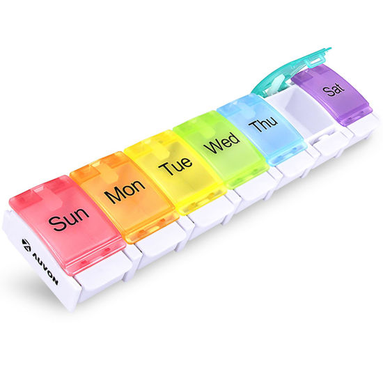 Picture of AUVON Weekly Pill Organizer Arthritis Friendly, BPA Free Travel 7 Day Pill Box Case with Spring Open Design and Large Compartment to Hold Vitamins, Cod Liver Oil, Supplements and Medication