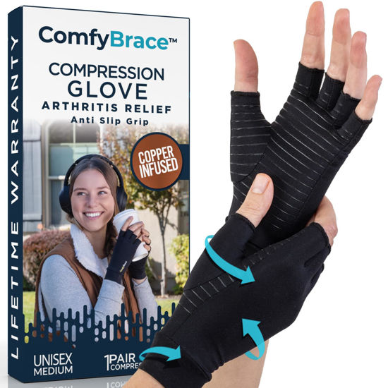 Picture of ComfyBrace Copper Infused Compression Arthritis Gloves for Hand & Finger Relief from pain/swelling caused by Rheumatoid Arthritis, Carpal Tunnel, Tendonitis and Poor Circulation, Fits Men & Women