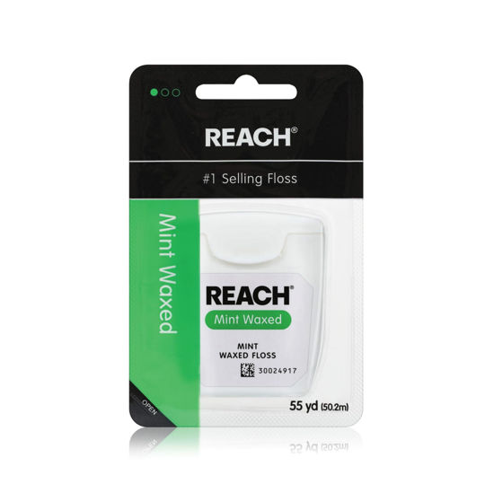Picture of REACH Waxed Dental Floss, Mint, Plaque Remover for Teeth, Shred Resistant, Floss Slides Smoothly, Easy to Use, Waxed, Deep Cleaning Teeth, Oral Care, PFAS Free, for Adults & Kids, 1 Pack, 55 yd