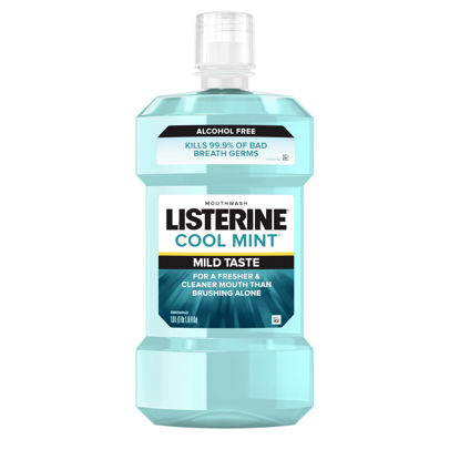 Picture of Listerine Zero Alcohol Mouthwash, Alcohol-Free Oral Rinse to Kill 99% of Germs That Cause Bad Breath for Fresh Breath & Clean Mouth, Less Intense Taste, Cool Mint Flavor, 1 L (Pack of 1)