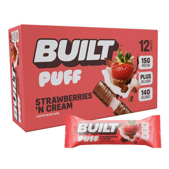 Picture of BUILT Puffs Protein Bars, Strawberries 'N Cream Puff - High Protein Bars, 15g High Protein Snacks, On-The-Go Bars with only 140 Calories, 8g Sugar, Collagen, Gluten Free, 12 Count