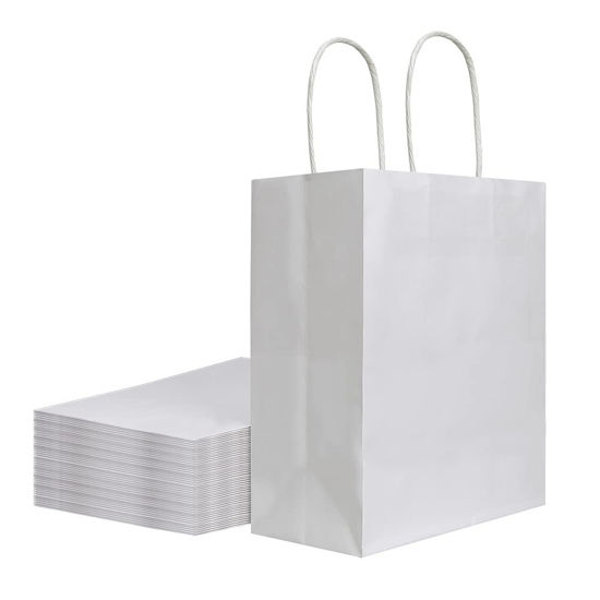 Picture of bagmad 50 Pack 8x4.75x10 inch Medium White Kraft Paper Bags with Handles Bulk, Gift Bags, Craft Grocery Shopping Retail Birthday Party Favors Wedding Sacks Restaurant Takeout, Business (50Pcs)