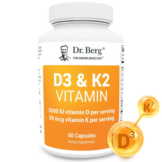Picture of Dr. Berg D3 K2 Vitamin 5000 IU w/MCT Powder - Includes 50 mcg MK7 Vitamin K2, Purified Bile Salts, Zinc & Magnesium for Ultimate Absorption - K2 D3 Vitamin Supplement - 60 Capsules