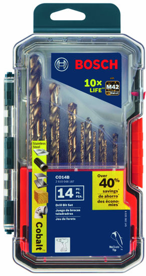 Picture of BOSCH CO14B 14-Piece Assorted Set with Included Case - Cobalt M42 Metal Drill Bits with Three-Flat Shank for Drilling Applications in Stainless Steel, Cast Iron, Titanium, and Light-Gauge Metal