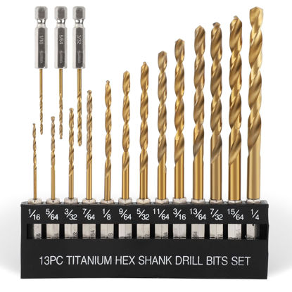 Picture of COMOWARE Titanium Twist Drill Bit Set - 16 Pcs Hex Shank High Speed Steel for Wood Plastic Aluminum Alloy, Quick Change, 1/16"-1/4"