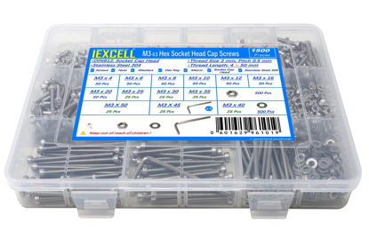 Picture of iexcell 1500 Pcs M3 x 4/6/8/10/12/16/20/25/30/35/40/45/50 Stainless Steel 304 Hex Socket Head Cap Screws Blots Nuts Washers Assortment Kit