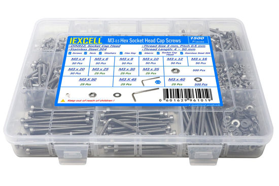 Picture of iexcell 1500 Pcs M3 x 4/6/8/10/12/16/20/25/30/35/40/45/50 Stainless Steel 304 Hex Socket Head Cap Screws Blots Nuts Washers Assortment Kit