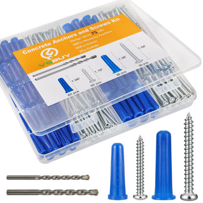 Picture of VGBUY 180PCS Conical Concrete Anchors and Screws Assortment Kit, 90PCS Concrete Wall Anchors, 90PCS Self Tapping Screws for Masonry Stucco Brick Cement Cinder Block Tile, with 2PCS Drill Bit