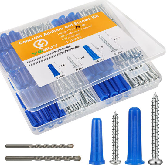 Picture of VGBUY 180PCS Conical Concrete Anchors and Screws Assortment Kit, 90PCS Concrete Wall Anchors, 90PCS Self Tapping Screws for Masonry Stucco Brick Cement Cinder Block Tile, with 2PCS Drill Bit