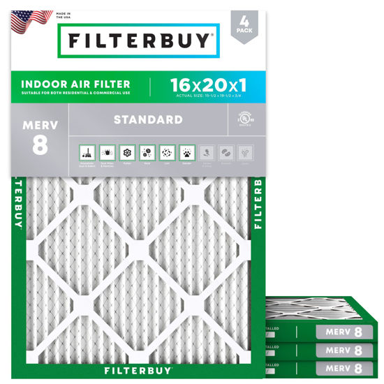 Picture of Filterbuy 16x20x1 Air Filter MERV 8 Dust Defense (4-Pack), Pleated HVAC AC Furnace Air Filters Replacement (Actual Size: 15.50 x 19.50 x 0.75 Inches)