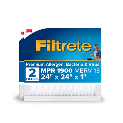 Picture of Filtrete 24x24x1 AC Furnace Air Filter, MERV 13, MPR 1900, Premium Allergen, Bacteria & Virus Filter, 3-Month Pleated 1-Inch Electrostatic Air Cleaning Filter, 2-Pack (Actual Size 23.81x23.81x0.78 in)