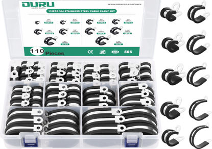 Picture of OURU 110PCS Cable Clamps Assortment Kit,10 Sizes-1/4" 5/16" 3/8" 1/2" 5/8" 3/4" 1" 1-1/4" 1-1/2" 1-3/4" Stainless Steel Rubber Coated Cushioned Insulated Cable Clamp,Automotive Wire Pipe Clamps