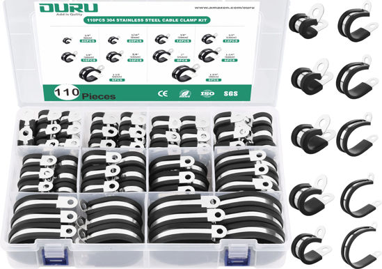Picture of OURU 110PCS Cable Clamps Assortment Kit,10 Sizes-1/4" 5/16" 3/8" 1/2" 5/8" 3/4" 1" 1-1/4" 1-1/2" 1-3/4" Stainless Steel Rubber Coated Cushioned Insulated Cable Clamp,Automotive Wire Pipe Clamps