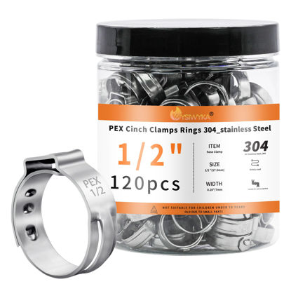 Picture of WYSIWYKA 120pcs 1/2 inch PEX Cinch Clamps Rings, 304 Stainless Steel Single Ear Hose Clamps, Pex Crimp Rings for PEX Tubing Pipe Fitting Connections
