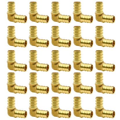 Picture of 25/50/100 Pack PEX Fittings, 1/2" Fittings/ 3/4" Fittings, PEX Elbow/Tee/Straight Coupling Fittings, Brass PEX Fittings for PEX Tubing Pipe (1/2" Elbow, 25)