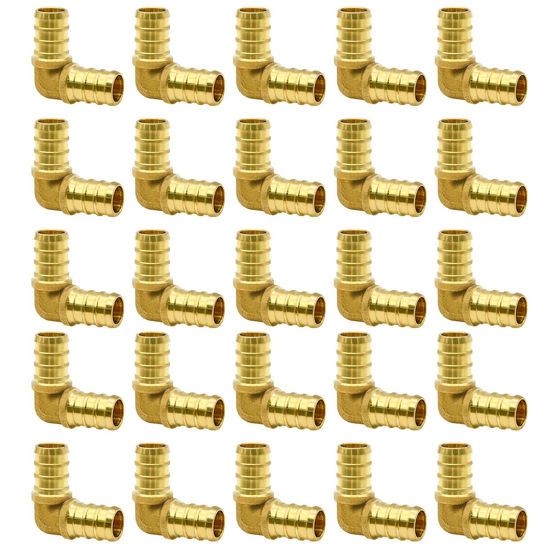 Picture of 25/50/100 Pack PEX Fittings, 1/2" Fittings/ 3/4" Fittings, PEX Elbow/Tee/Straight Coupling Fittings, Brass PEX Fittings for PEX Tubing Pipe (1/2" Elbow, 25)