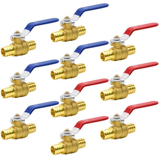 Picture of 4/10/20pcs PEX Ball Valves, 3/4" PEX Brass Full Port Shut Off Ball Valve, PEX Brass Full Port Shut-off Ball Valve, Quarter Turn HOT (RED) COLD (BLUE) of Water Stop Shut off (3/4", 10pcs)