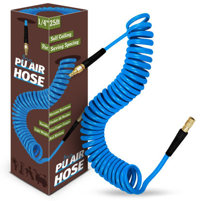 Picture of 1/4 in x 25 ft Polyurethane Air Hose with Bend Restrictor, Air Compressor Hose with 1/4 Solid 100% Pure Copper Quick Connect Fittings and I/M Plug Kit, Coiled PU Air Hose 1/4", Blue