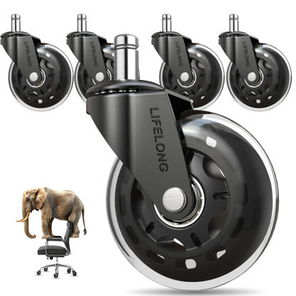 Picture of Lifelong Original Office Chair Wheels (As Seen On CNN) Replacement Rubber Chair Casters for Hardwood Floors and Carpet, Set of 5, Heavy Duty Casters for Chairs to Replace Office Chair Mats - Fits 98%