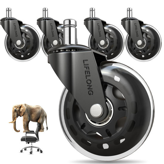 Picture of Lifelong Original Office Chair Wheels (As Seen On CNN) Replacement Rubber Chair Casters for Hardwood Floors and Carpet, Set of 5, Heavy Duty Casters for Chairs to Replace Office Chair Mats - Fits 98%
